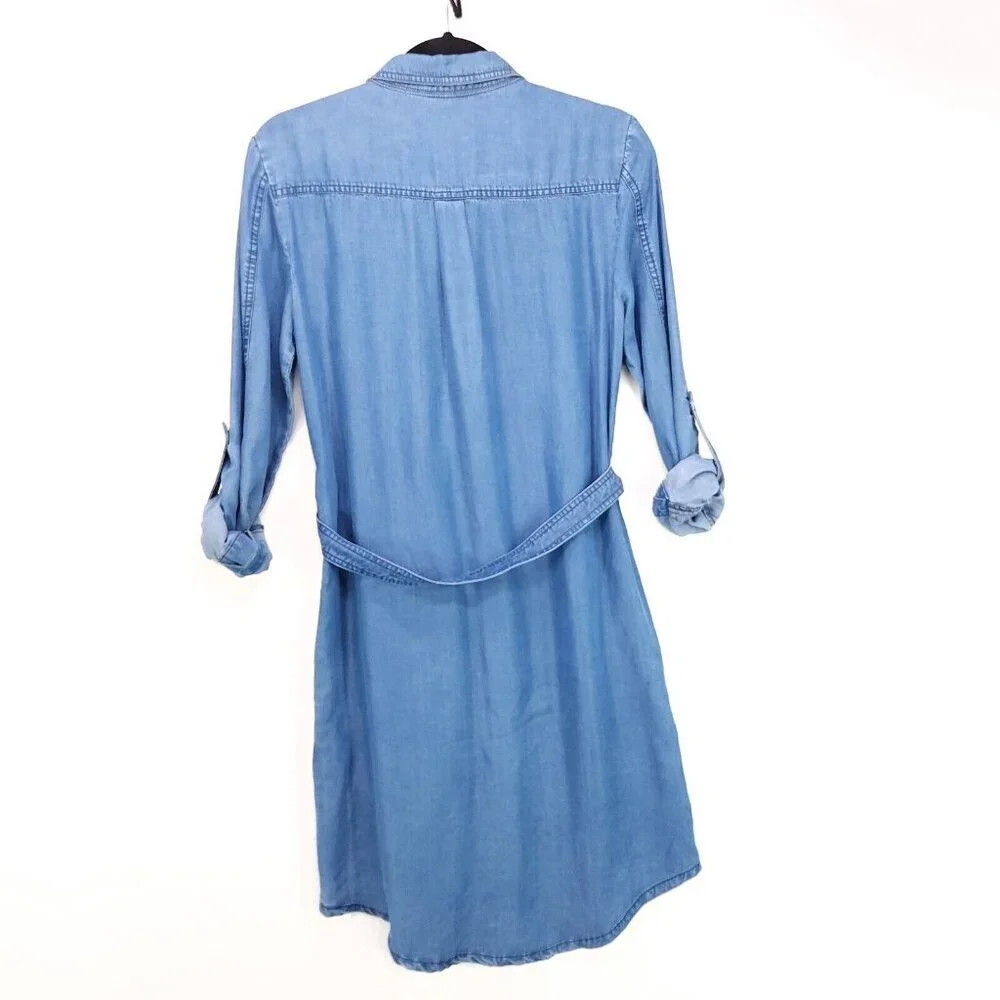 Bebe Denim Shirt Dress Belted Sheath Small Button Up Pockets Long Roll Sleeve - Picture 2 of 12